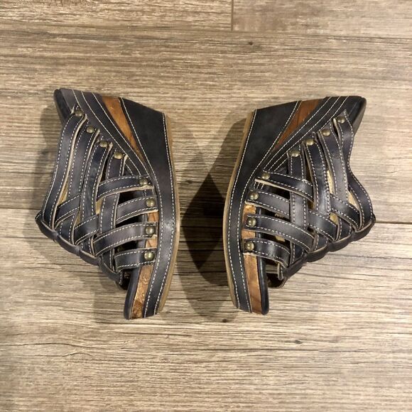 Bed Stu Gina Wedge 6 Black Leather Brown Wood Platform Strappy Sandal Mexico - Picture 4 of 11